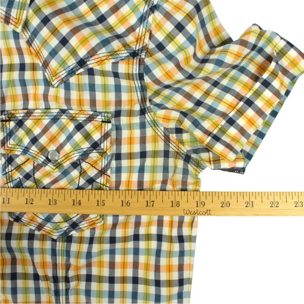 True Religion Men Western Plaid Pearl Snap Short Sleeve Shirt size S Yellow
